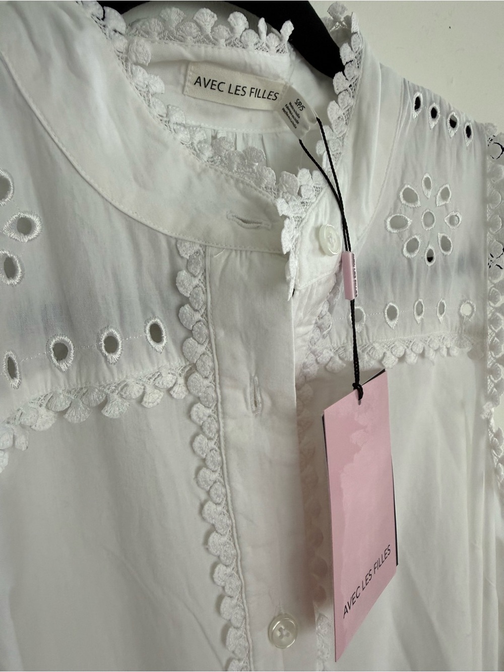 Avec Les Filles White Eyelet Lace-Trim Button Down Dress